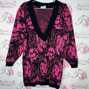 Espion dress knit crochet black pink floral sweater dress V neck cute vintage